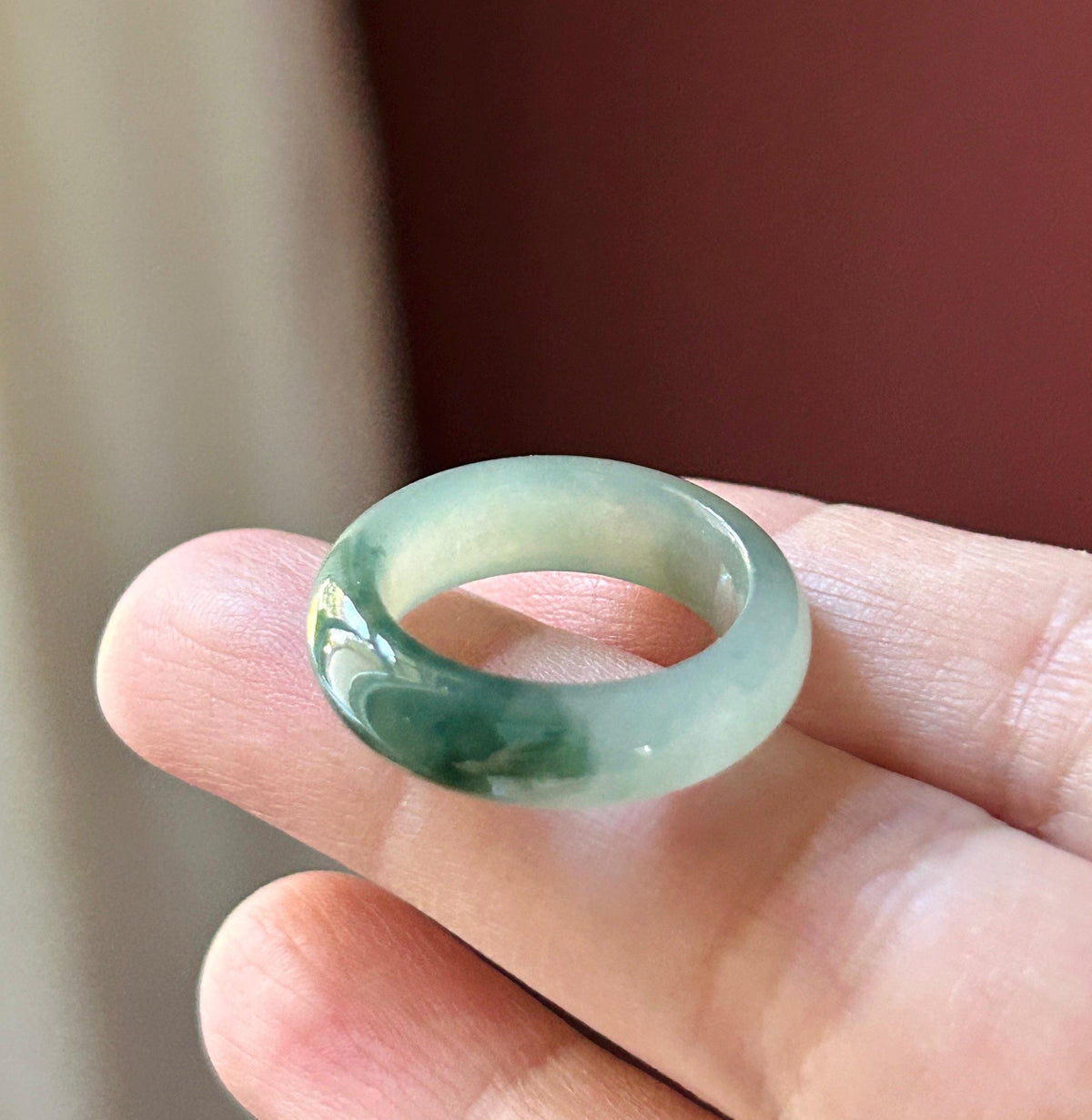 Natural Jadeite Band Ring | Burmese Type A Highly Translucent Icy Bluish Green Floral Jade | US 6.5 |16.9mm