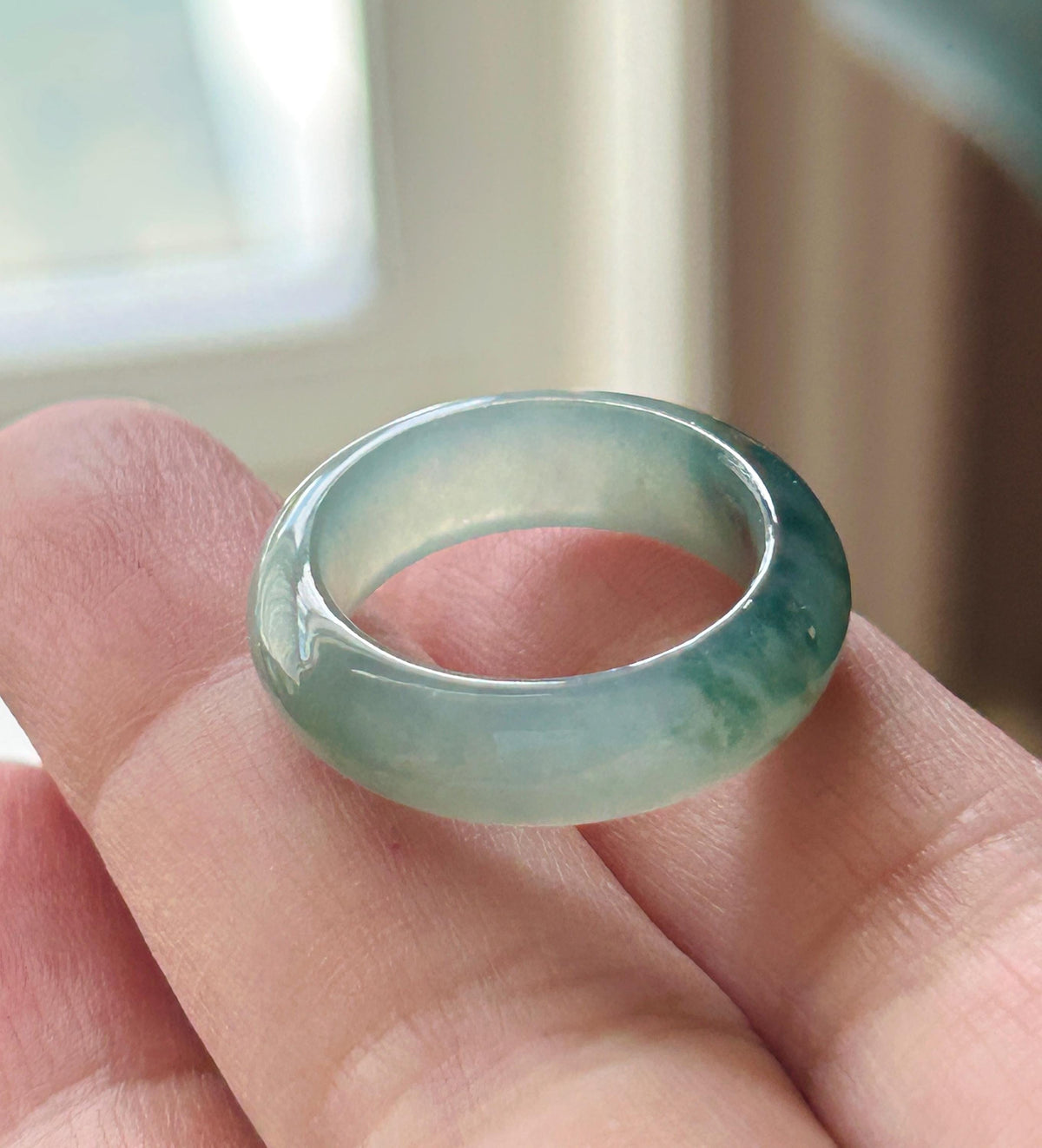 Natural Jadeite Band Ring | Burmese Type A Highly Translucent Icy Bluish Green Floral Jade | US 6.5 |16.9mm