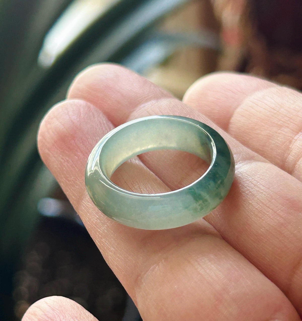 Natural Jadeite Band Ring | Burmese Type A Highly Translucent Icy Bluish Green Floral Jade | US 6.5 |16.9mm