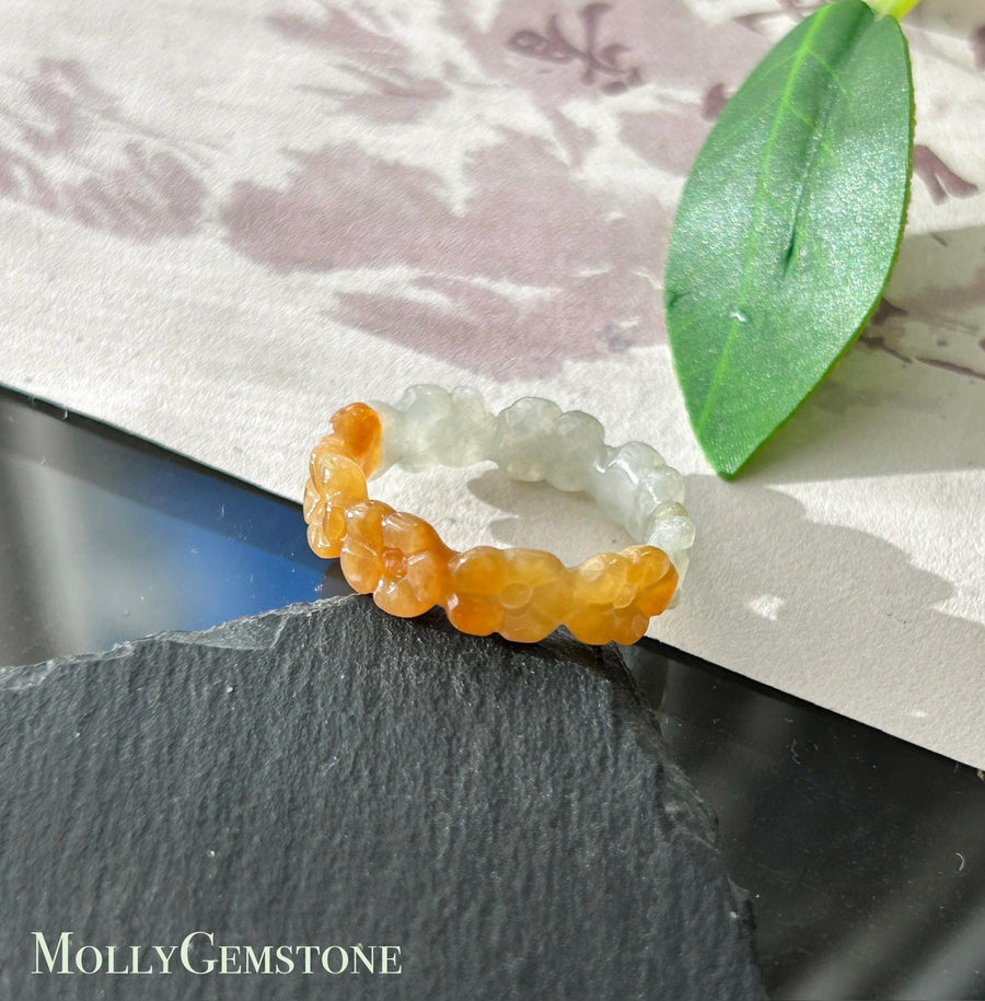 Certified Natural Jadeite Flower Ring, Burmese Type A Fine Glutinous Icy Red & Gray-White Jade Half-Mountain Half-Water Ring US 7.25 / 5.75