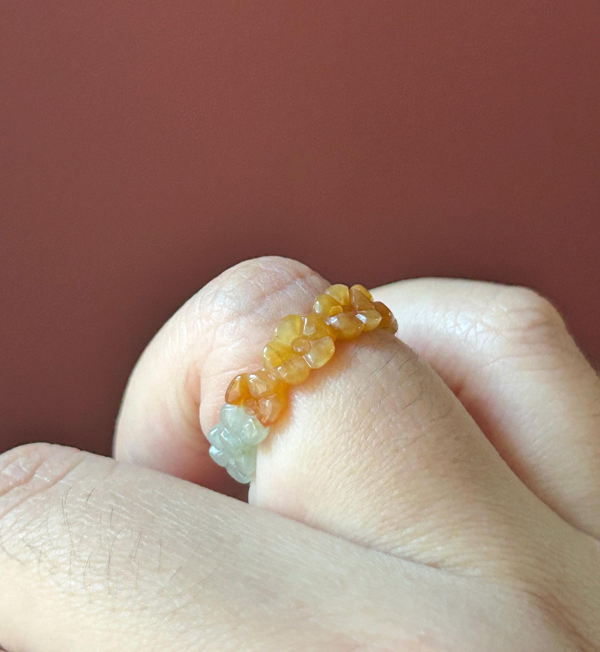 Certified Natural Jadeite Flower Ring, Burmese Type A Fine Glutinous Icy Red & Gray-White Jade Half-Mountain Half-Water Ring US 7.25 / 5.75