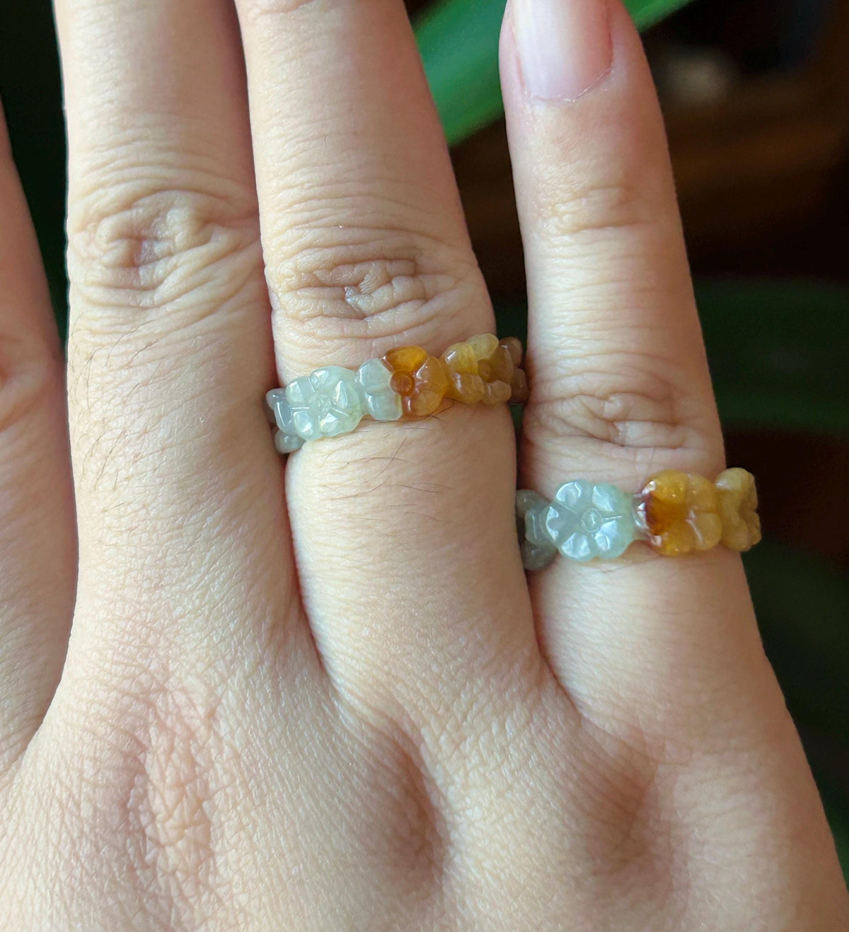 Certified Natural Jadeite Flower Ring, Burmese Type A Fine Glutinous Icy Red & Gray-White Jade Half-Mountain Half-Water Ring US 7.25 / 5.75