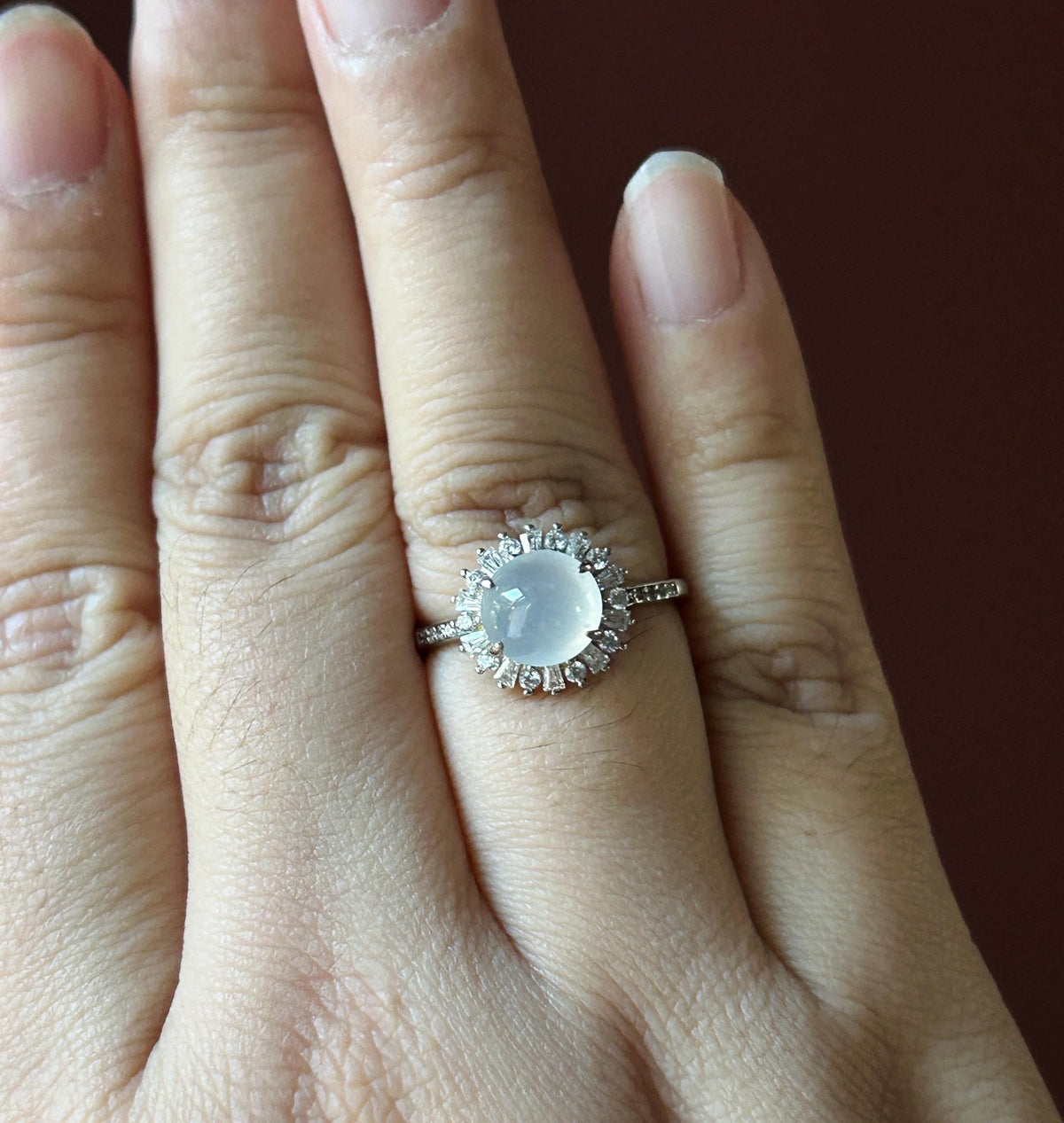 Certified Natural Jadeite Ring | Burmese Type A Highly Translucent Icy Moonlight White Jade, Sterling Silver, 8 x 7.2mm Oval Cabochon