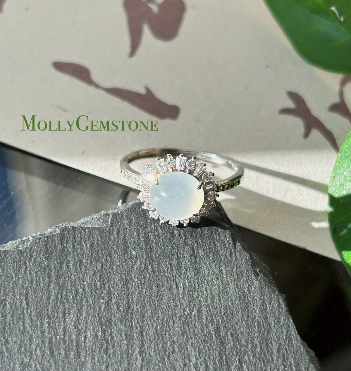 Certified Natural Jadeite Ring | Burmese Type A Highly Translucent Icy Moonlight White Jade, Sterling Silver, 8 x 7.2mm Oval Cabochon