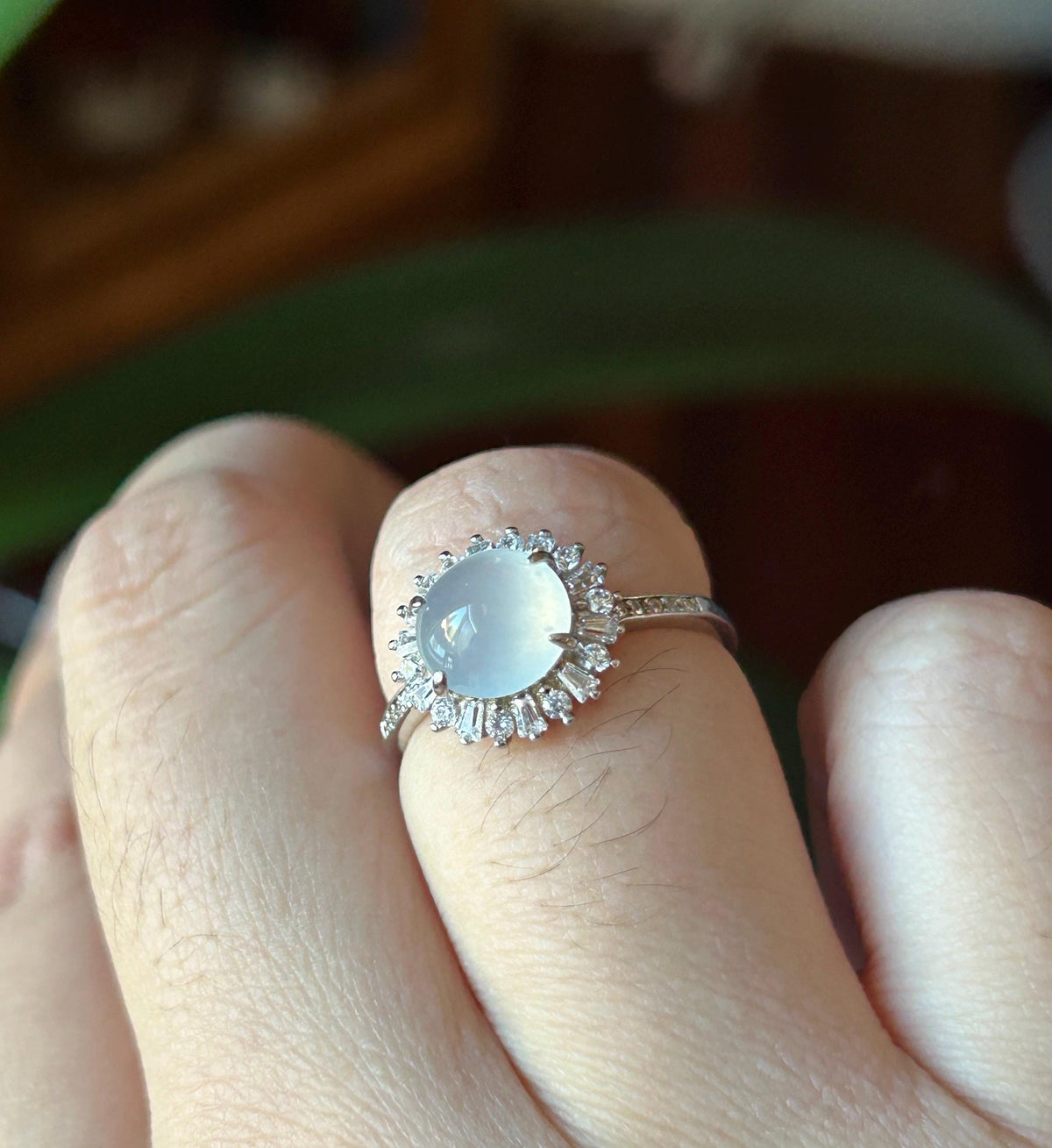 Certified Natural Jadeite Ring | Burmese Type A Highly Translucent Icy Moonlight White Jade, Sterling Silver, 8 x 7.2mm Oval Cabochon