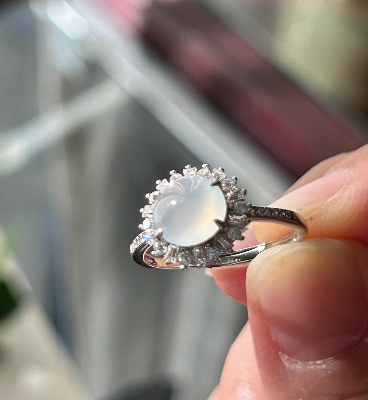 Certified Natural Jadeite Ring | Burmese Type A Highly Translucent Icy Moonlight White Jade, Sterling Silver, 8 x 7.2mm Oval Cabochon