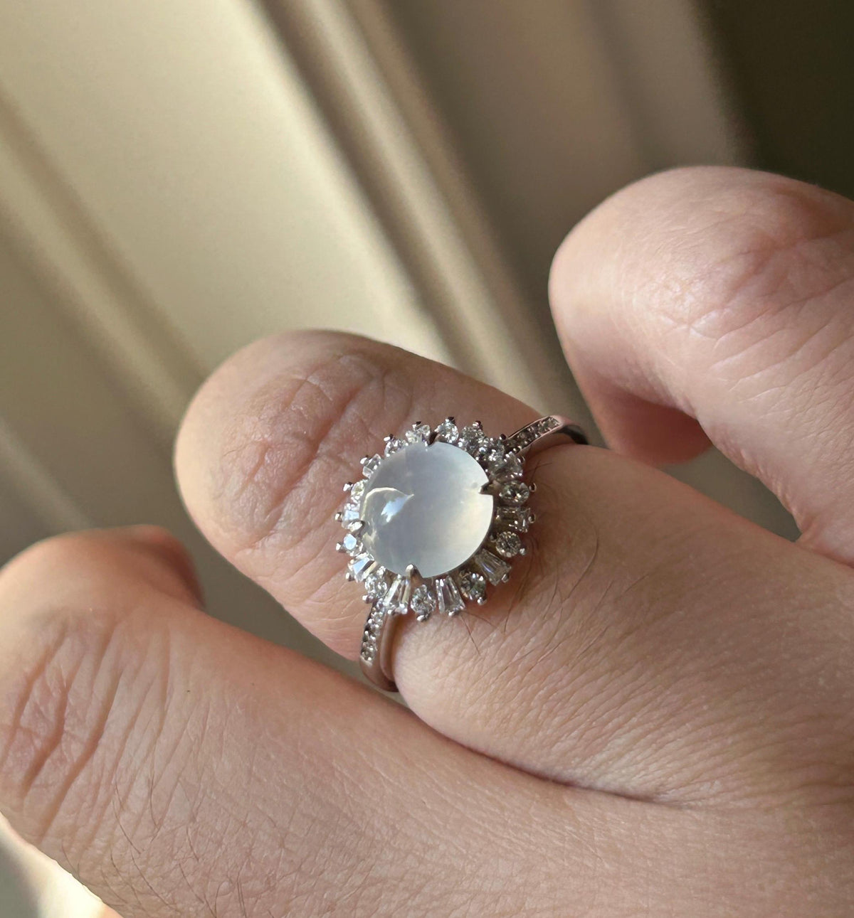 Certified Natural Jadeite Ring | Burmese Type A Highly Translucent Icy Moonlight White Jade, Sterling Silver, 8 x 7.2mm Oval Cabochon