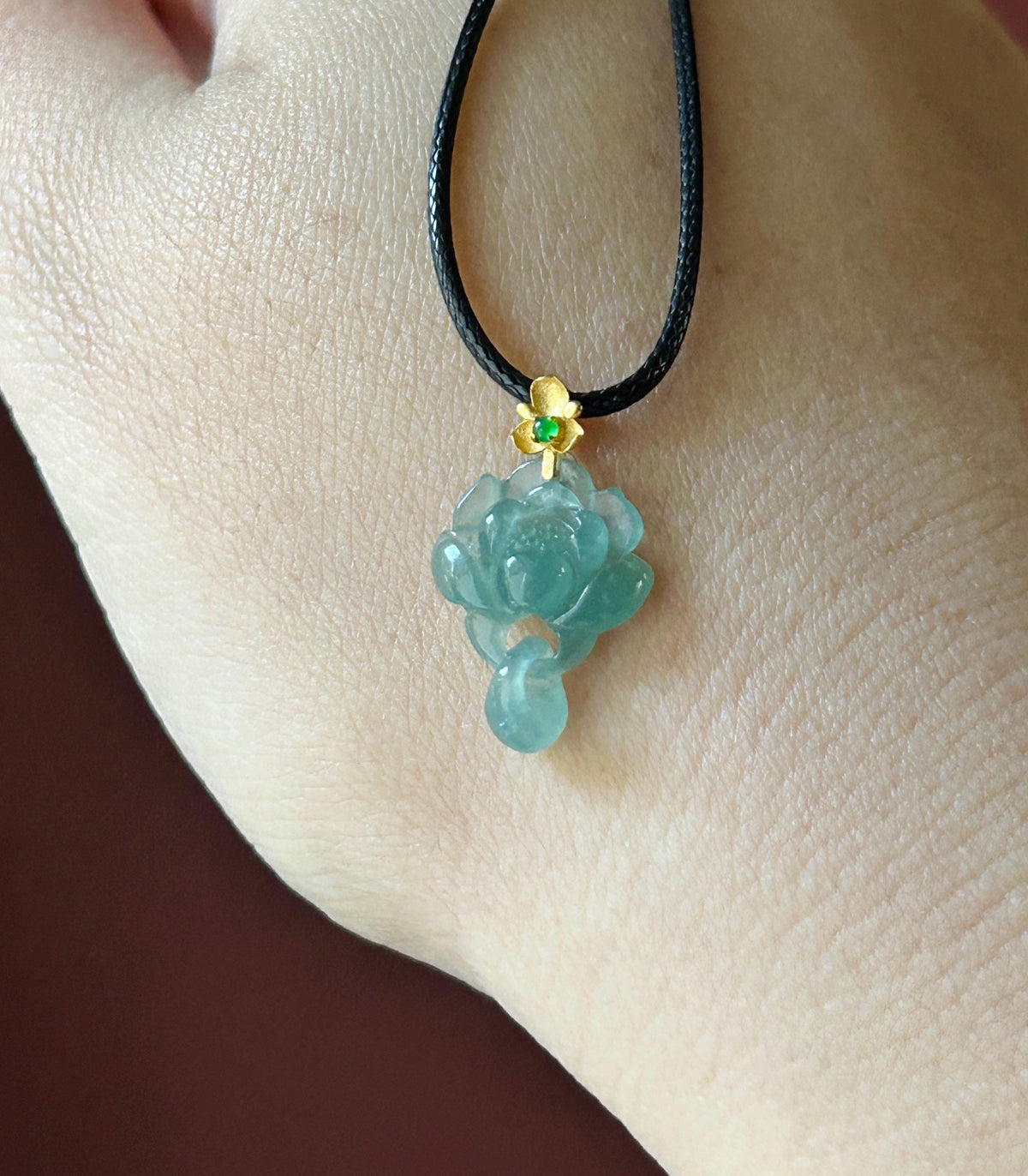 Certified Natural Jadeite Lotus Pendant Minimalist Jewelry Guatemalan Type A Highly Translucent Icy Light Teal Blue Jade 18k Solid Gold Bail