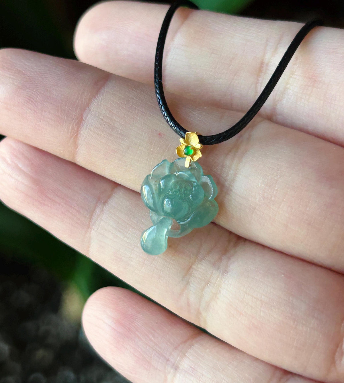 Certified Natural Jadeite Lotus Pendant Minimalist Jewelry Guatemalan Type A Highly Translucent Icy Light Teal Blue Jade 18k Solid Gold Bail