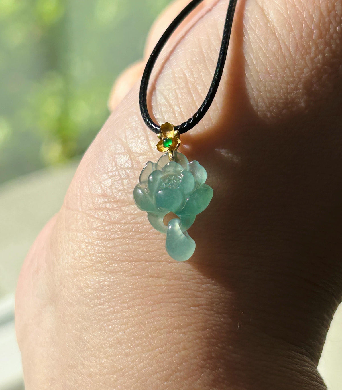 Certified Natural Jadeite Lotus Pendant Minimalist Jewelry Guatemalan Type A Highly Translucent Icy Light Teal Blue Jade 18k Solid Gold Bail