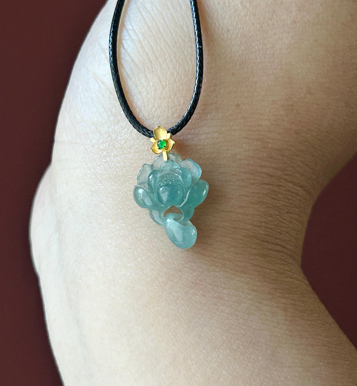 Certified Natural Jadeite Lotus Pendant Minimalist Jewelry Guatemalan Type A Highly Translucent Icy Light Teal Blue Jade 18k Solid Gold Bail