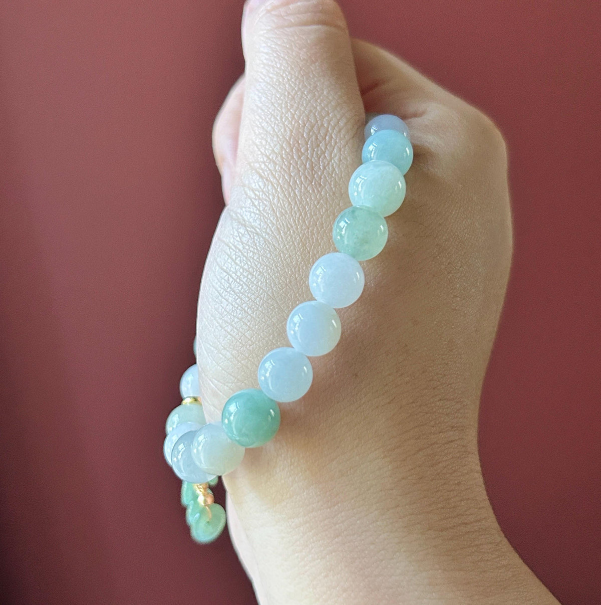 Natural Jadeite Beaded Bracelet, Burmese Type A Fine Glutinous Icy Green & White Multicolor Jade, 9mm