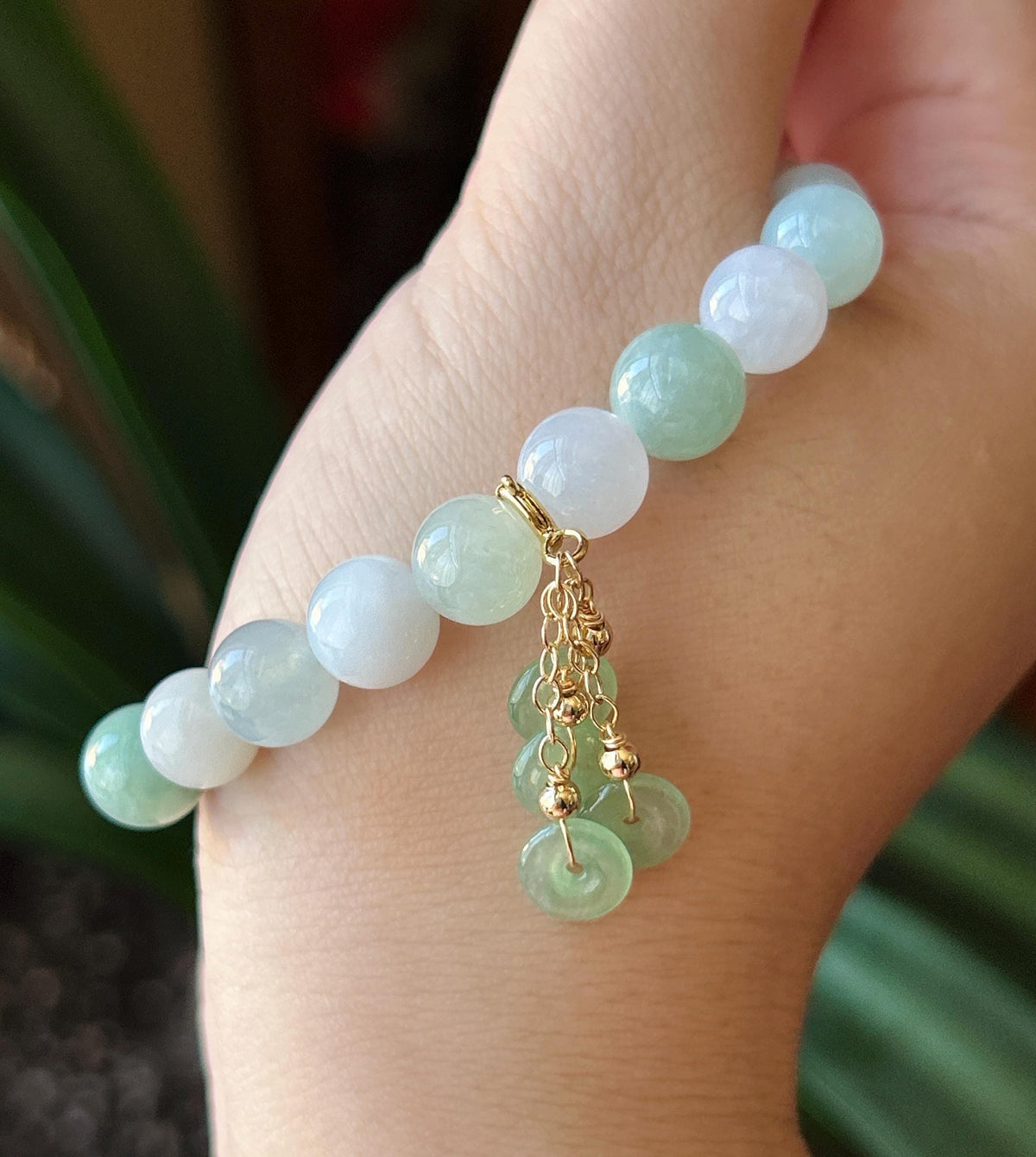 Natural Jadeite Beaded Bracelet, Burmese Type A Fine Glutinous Icy Green & White Multicolor Jade, 9mm