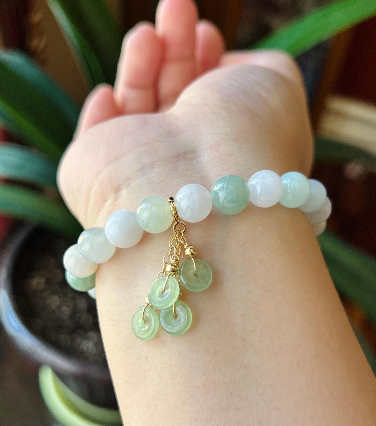 Natural Jadeite Beaded Bracelet, Burmese Type A Fine Glutinous Icy Green & White Multicolor Jade, 9mm