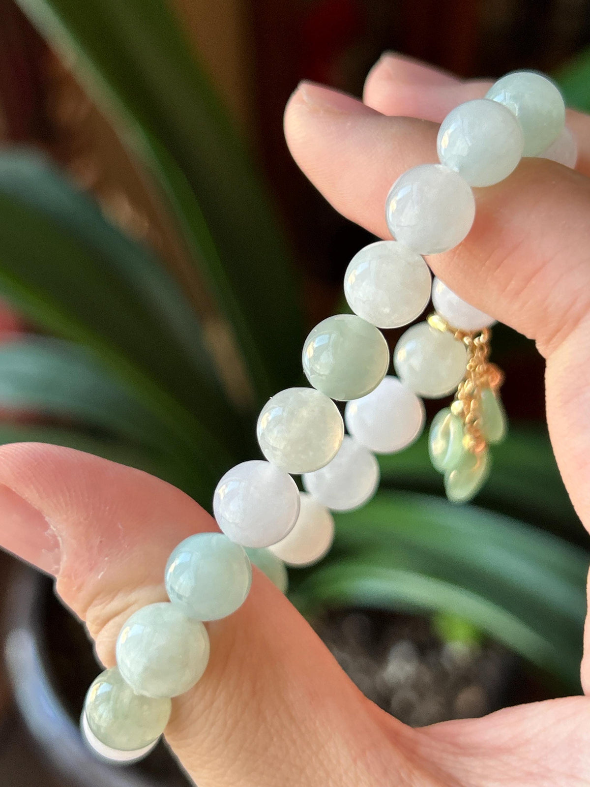 Natural Jadeite Beaded Bracelet, Burmese Type A Fine Glutinous Icy Green & White Multicolor Jade, 9mm