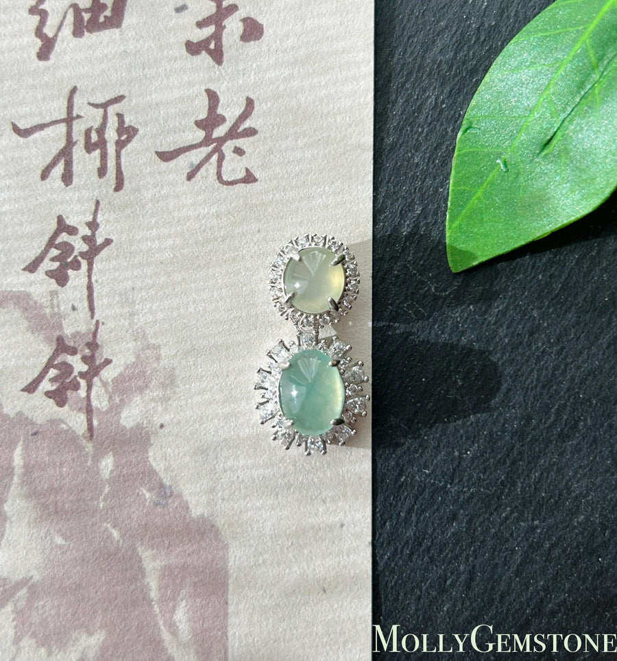 Certified Natural Jadeite Dual- Cabochon Pendant Burmese Type A Icy Translucent Mint Green & Pear Yellow Jade in Sterling Silver
