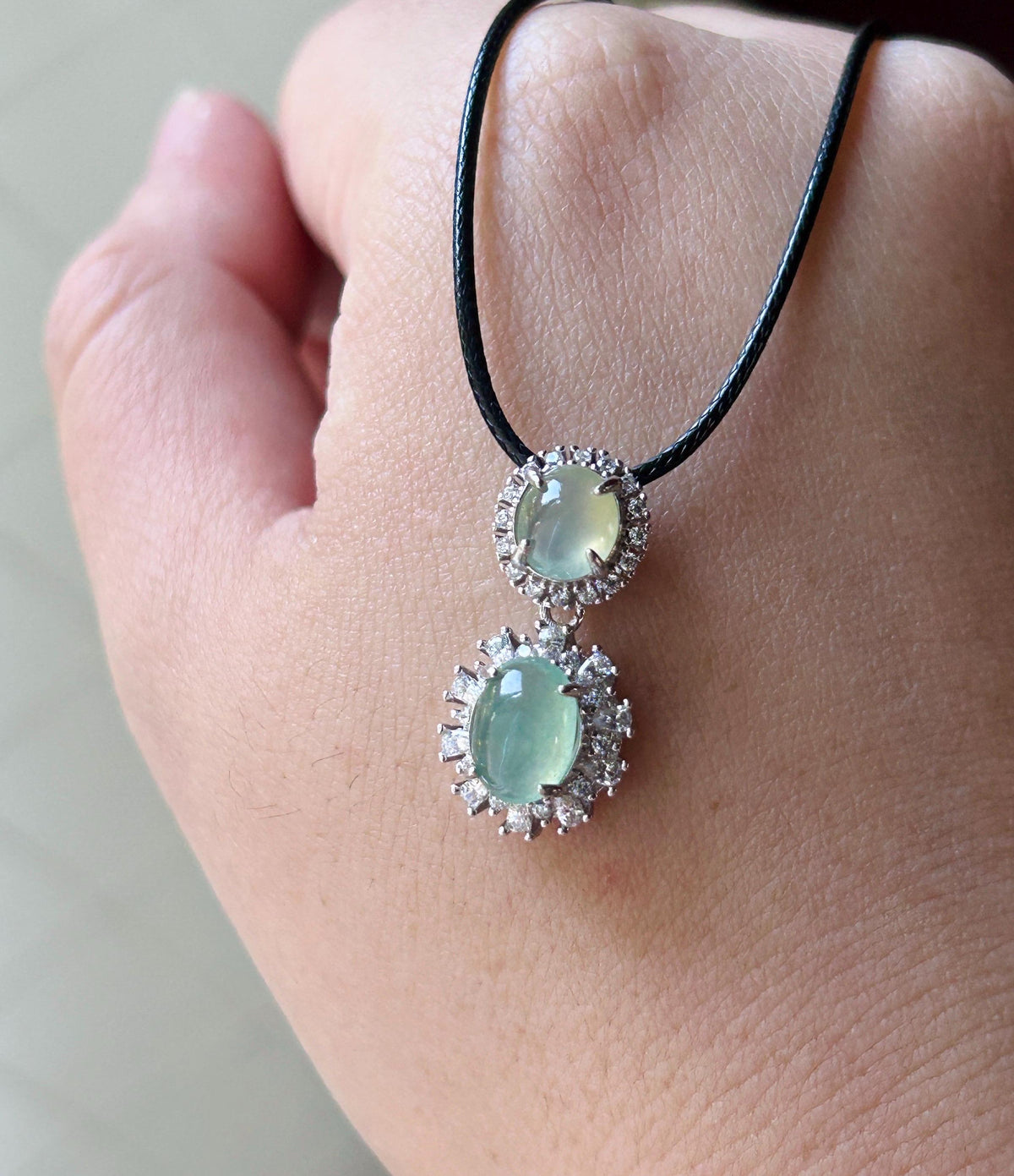 Certified Natural Jadeite Dual- Cabochon Pendant Burmese Type A Icy Translucent Mint Green & Pear Yellow Jade in Sterling Silver