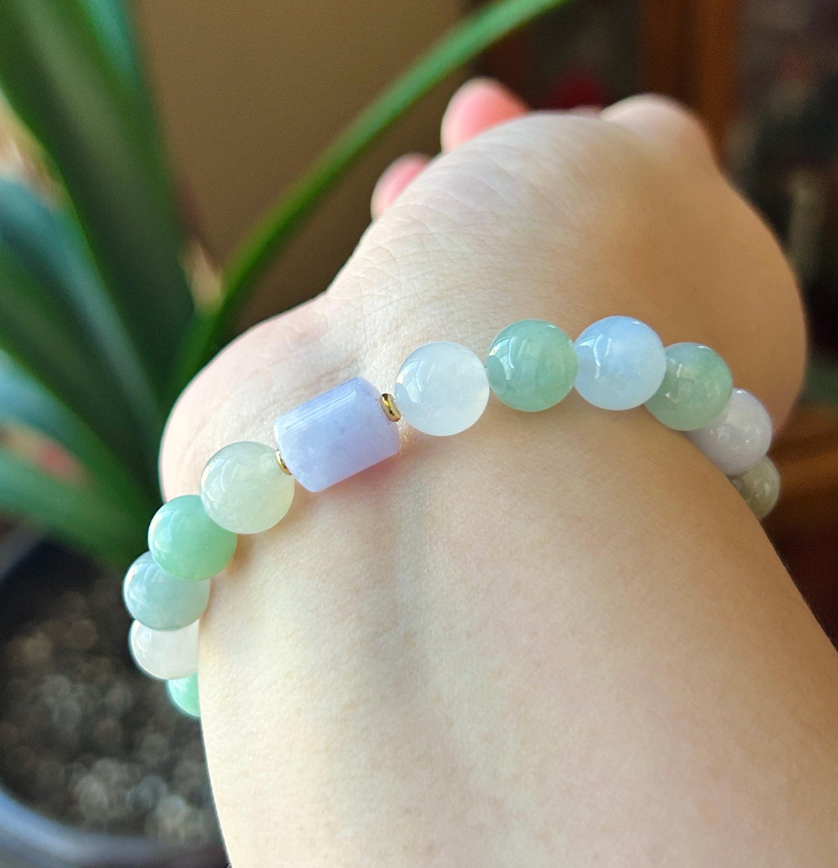 Natural Jadeite Beaded Bracelet, Burmese Type A Translucent Icy Glutinous Pastel Macaron Multicolor Jade, 9mm