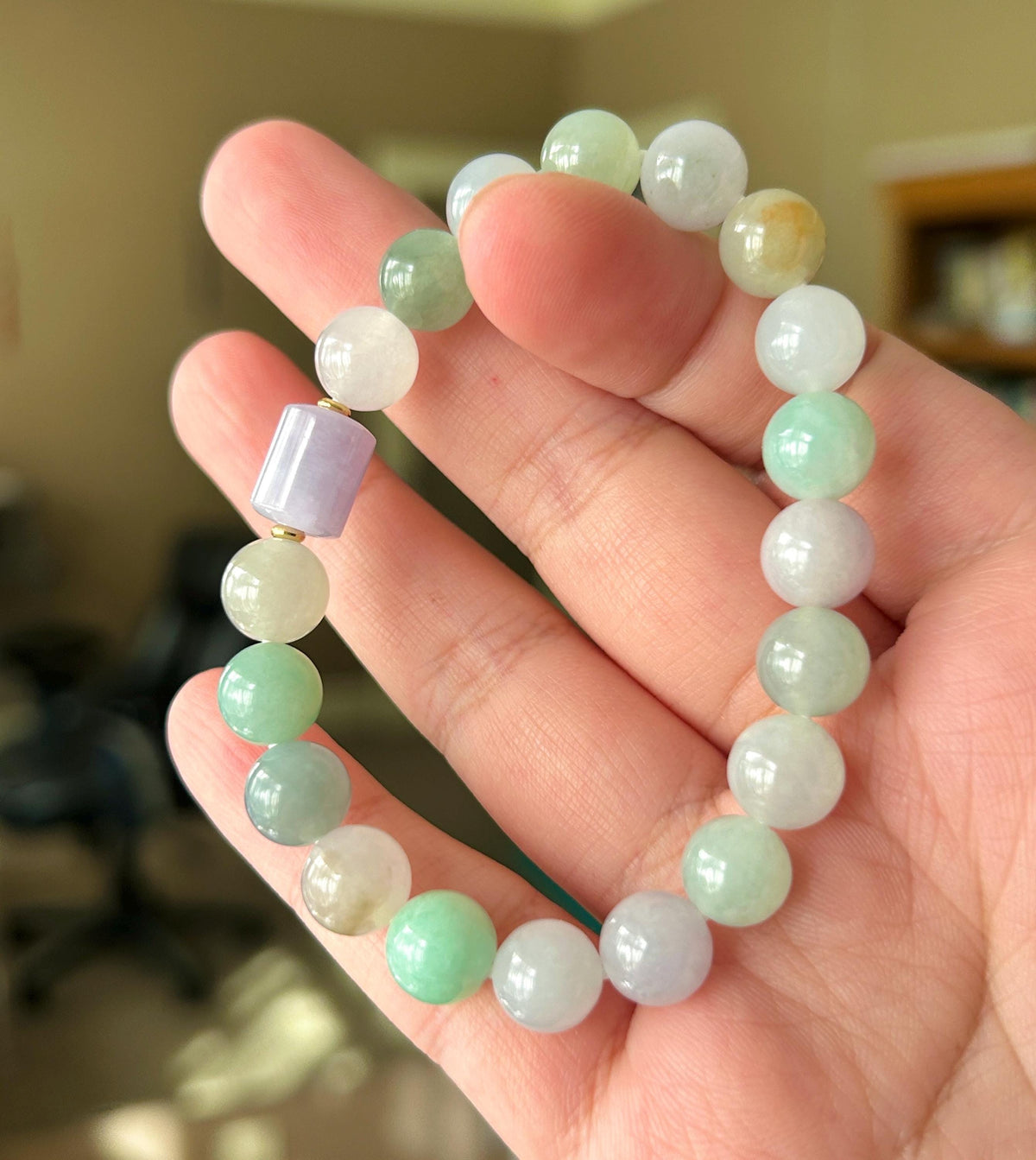 Natural Jadeite Beaded Bracelet, Burmese Type A Translucent Icy Glutinous Pastel Macaron Multicolor Jade, 9mm