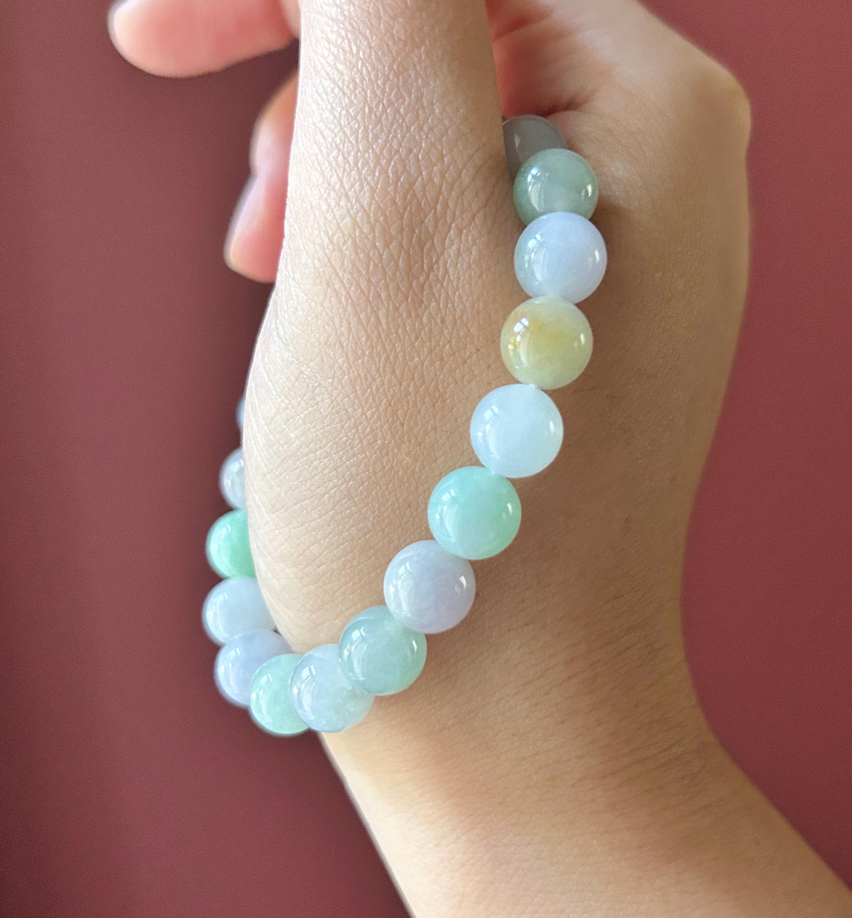 Natural Jadeite Beaded Bracelet, Burmese Type A Translucent Icy Glutinous Pastel Macaron Multicolor Jade, 9mm