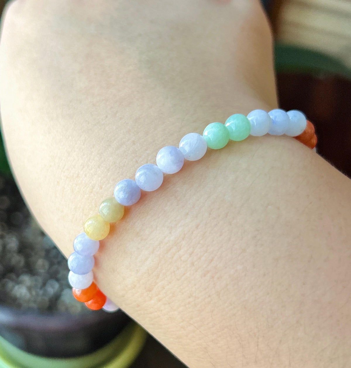 Natural Jadeite Beaded Bracelet, Burmese Type A Glutinous Lavender & Candy Multicolor Jade, 5.6mm