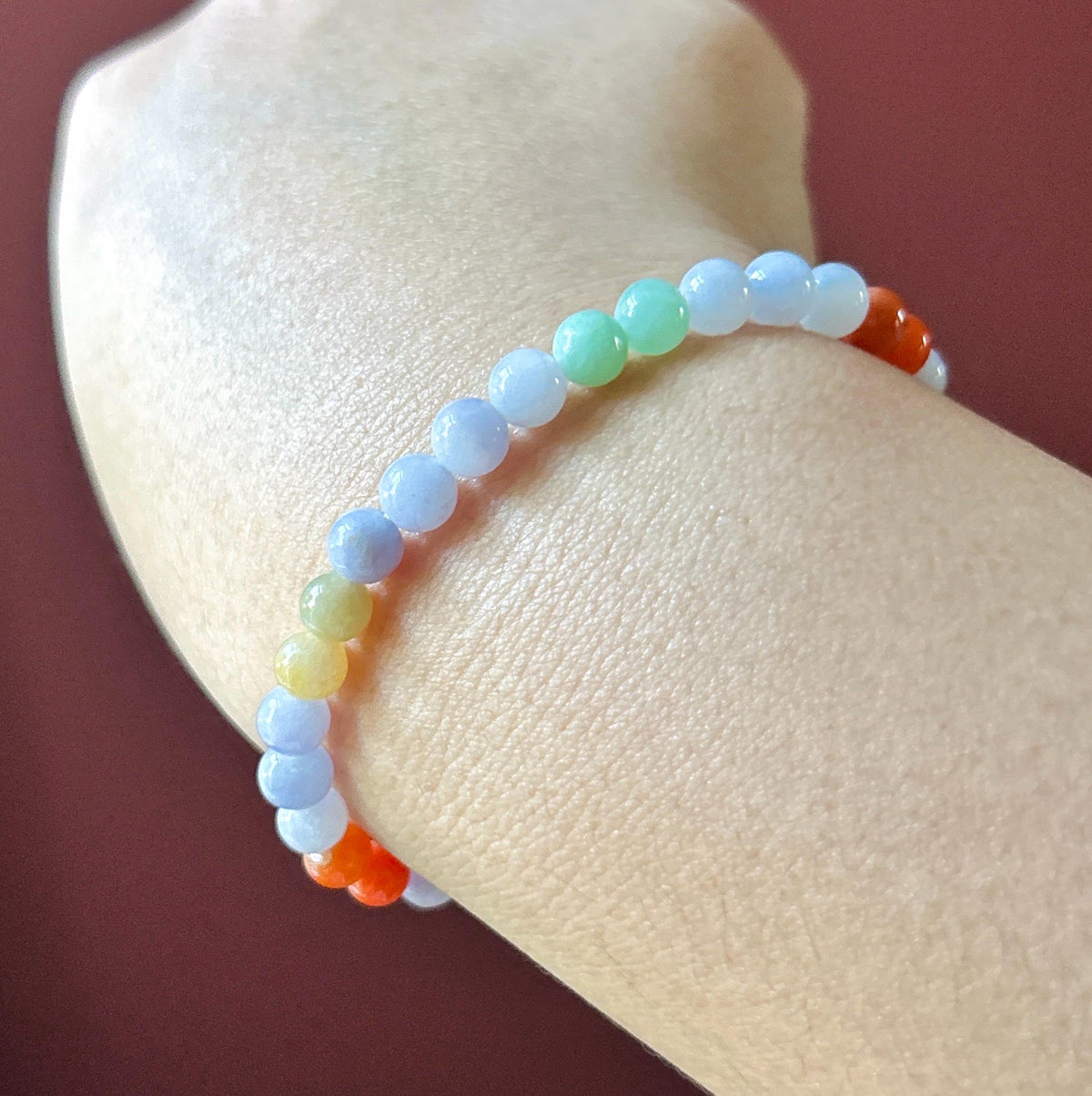 Natural Jadeite Beaded Bracelet, Burmese Type A Glutinous Lavender & Candy Multicolor Jade, 5.6mm