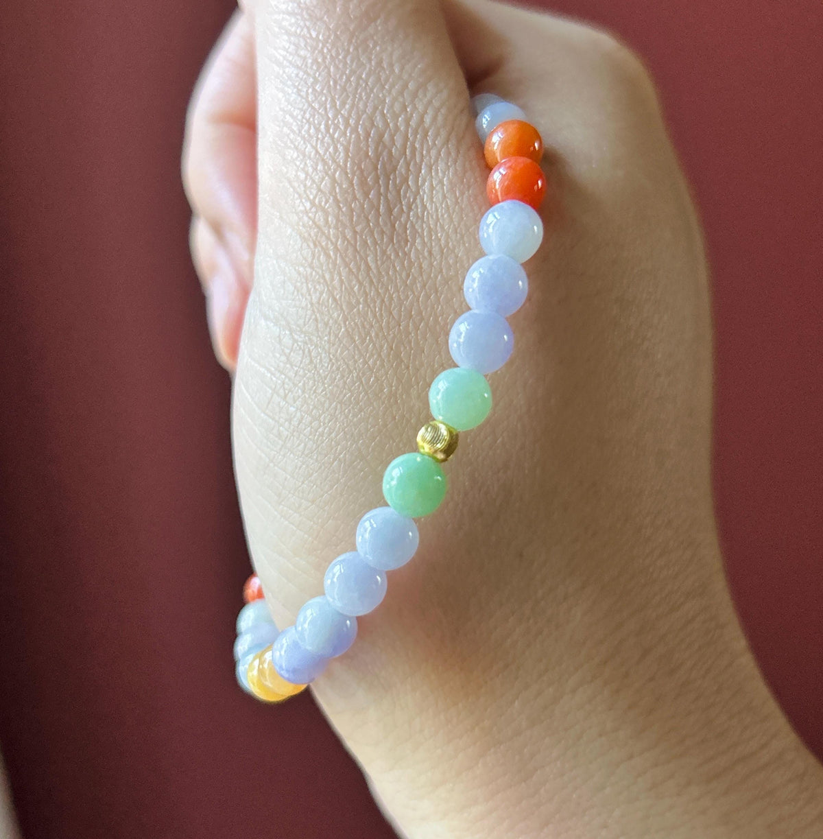 Natural Jadeite Beaded Bracelet, Burmese Type A Glutinous Lavender & Candy Multicolor Jade, 5.6mm
