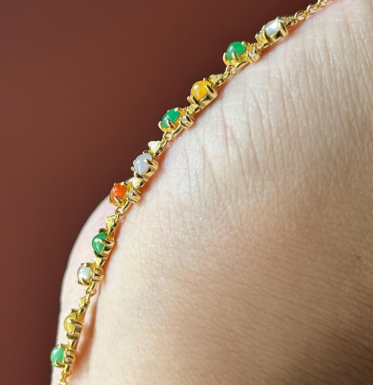 Natural Jadeite Cabochon Ginkgo Leaves Bracelet, Burmese Type A Translucent Icy Multicolor Jade in 925 Sterling Silver, Adjustable Length