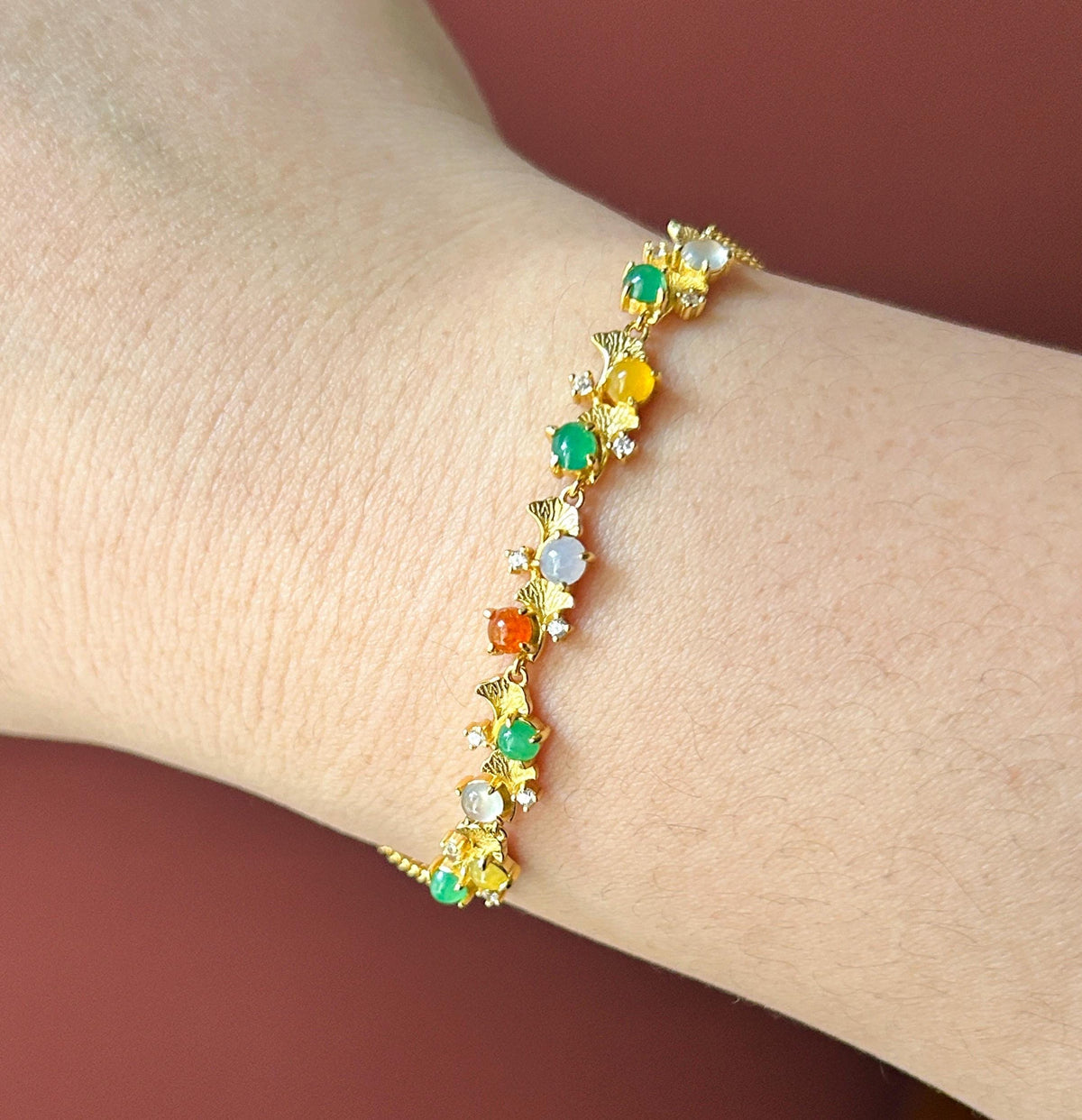 Natural Jadeite Cabochon Ginkgo Leaves Bracelet, Burmese Type A Translucent Icy Multicolor Jade in 925 Sterling Silver, Adjustable Length