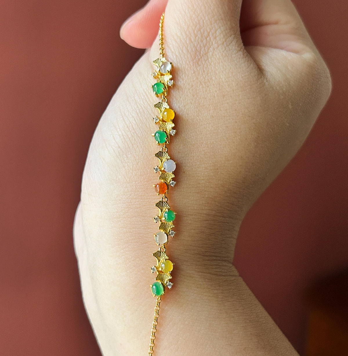 Natural Jadeite Cabochon Ginkgo Leaves Bracelet, Burmese Type A Translucent Icy Multicolor Jade in 925 Sterling Silver, Adjustable Length