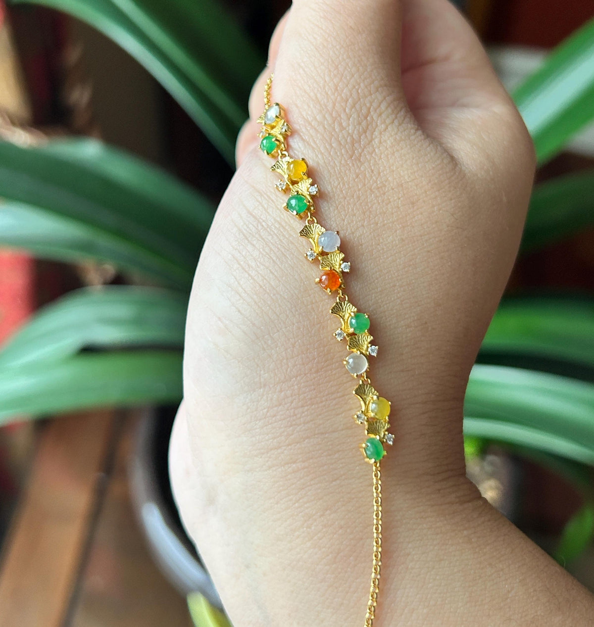 Natural Jadeite Cabochon Ginkgo Leaves Bracelet, Burmese Type A Translucent Icy Multicolor Jade in 925 Sterling Silver, Adjustable Length
