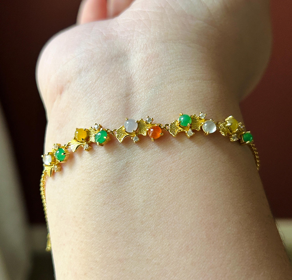 Natural Jadeite Cabochon Ginkgo Leaves Bracelet, Burmese Type A Translucent Icy Multicolor Jade in 925 Sterling Silver, Adjustable Length