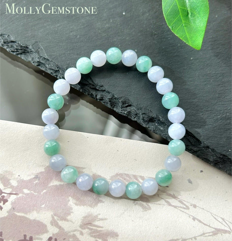 Natural Jadeite Beaded Bracelet Burmese Type A Translucent Icy Apple Green & Pale Lavender Jade Round Beads 7mm