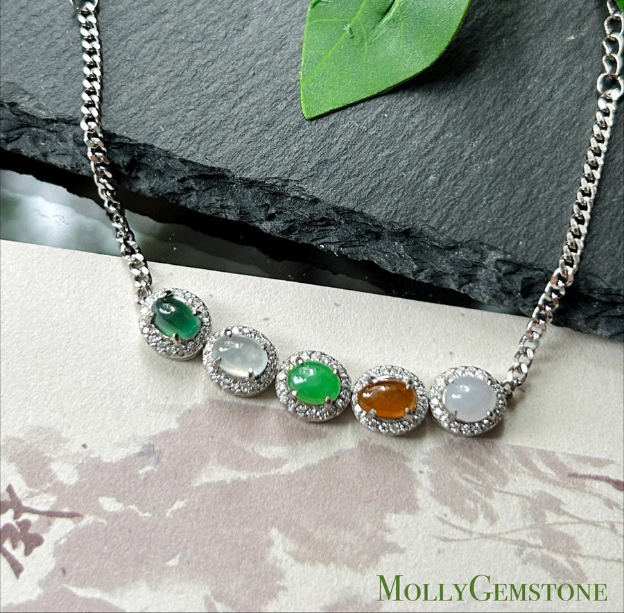 Natural Jadeite Cabochon Bracelet, Burmese Type A Highly Translucent Icy Multicolor Jade in 925 Sterling Silver, Adjustable Length