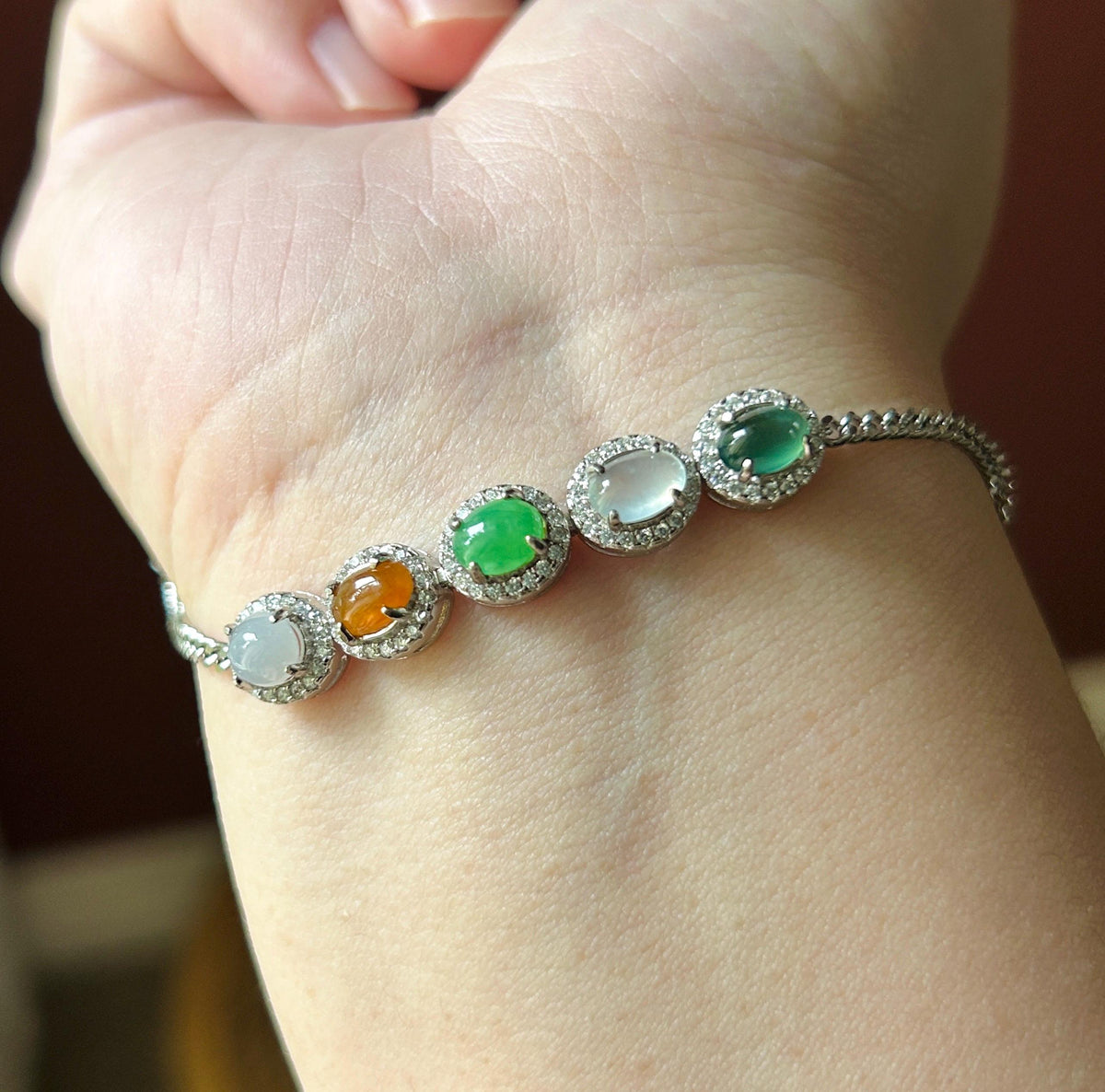 Natural Jadeite Cabochon Bracelet, Burmese Type A Highly Translucent Icy Multicolor Jade in 925 Sterling Silver, Adjustable Length