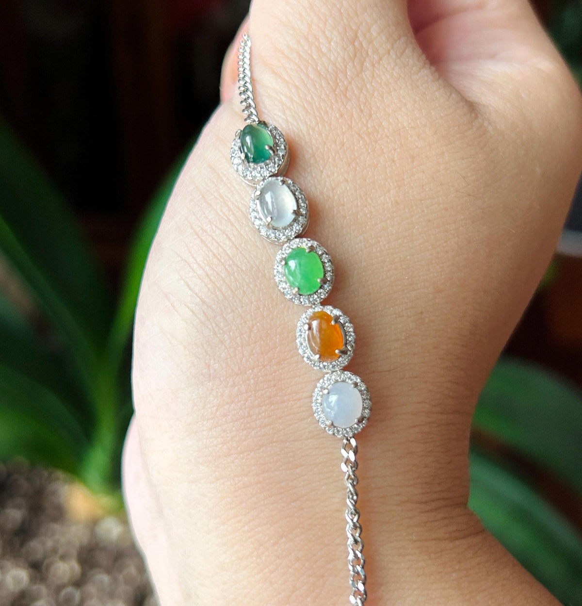 Natural Jadeite Cabochon Bracelet, Burmese Type A Highly Translucent Icy Multicolor Jade in 925 Sterling Silver, Adjustable Length