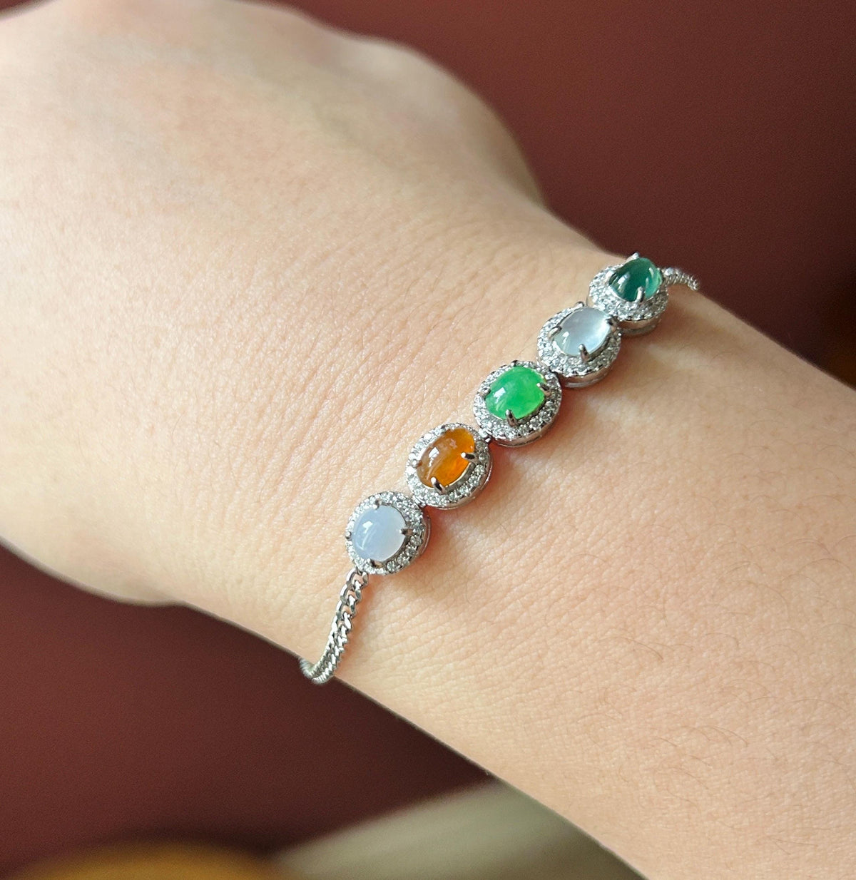 Natural Jadeite Cabochon Bracelet, Burmese Type A Highly Translucent Icy Multicolor Jade in 925 Sterling Silver, Adjustable Length