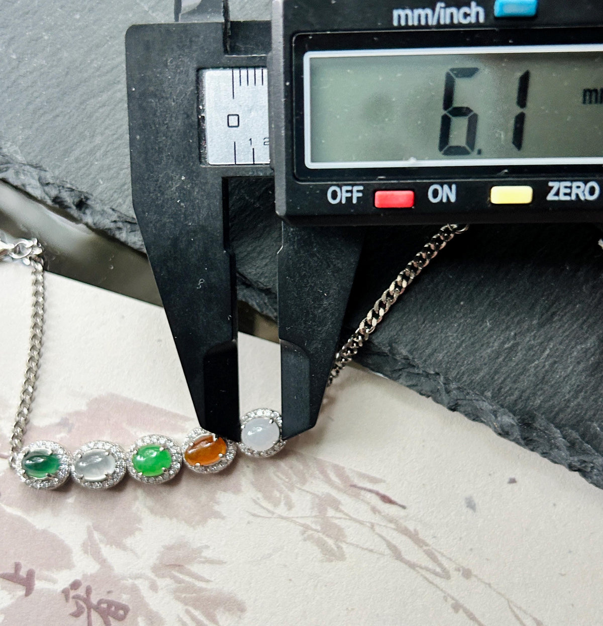 Natural Jadeite Cabochon Bracelet, Burmese Type A Highly Translucent Icy Multicolor Jade in 925 Sterling Silver, Adjustable Length