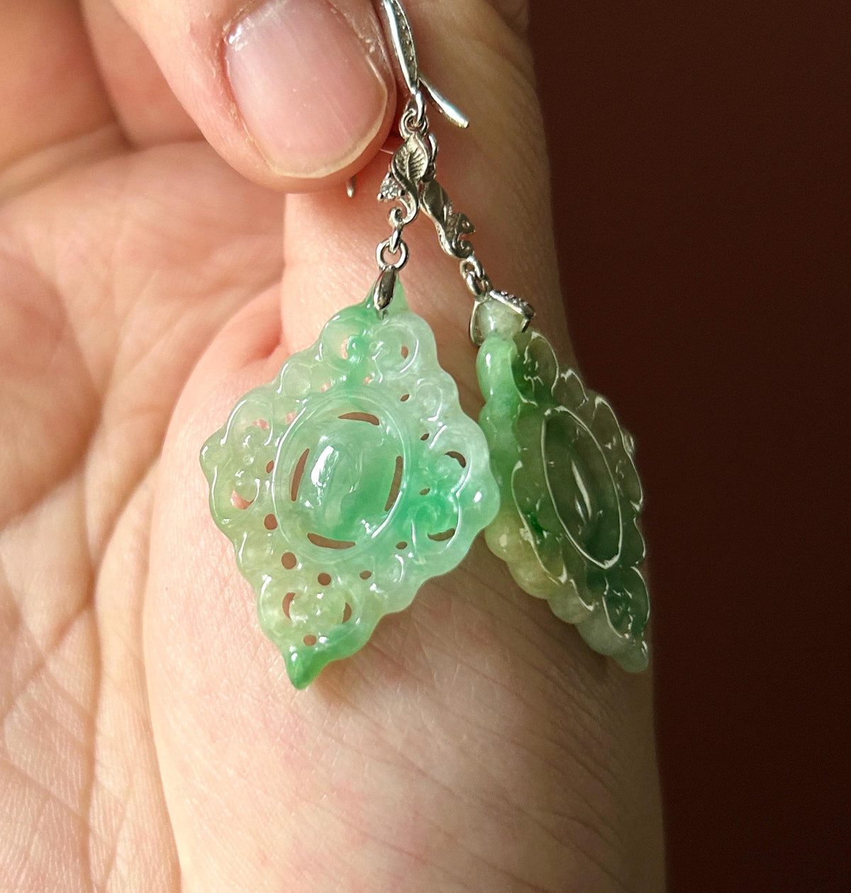 Certified Natural Jadeite Earrings, Burmese Type A Icy Apple Green Jade, Double-Sided Carved, Sterling Silver