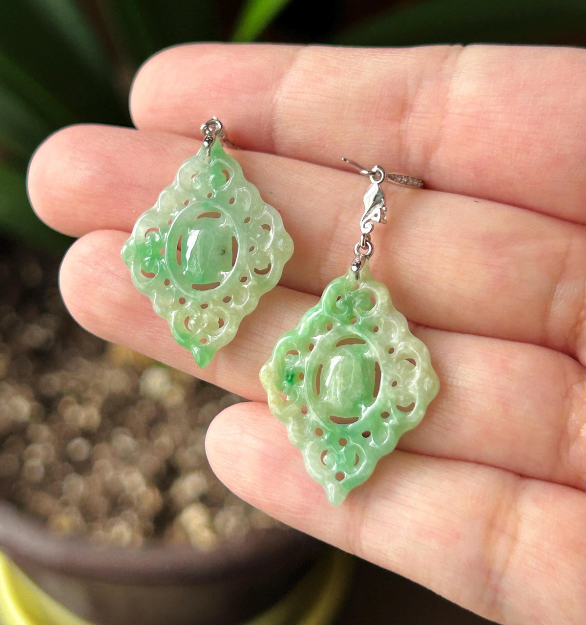 Certified Natural Jadeite Earrings, Burmese Type A Icy Apple Green Jade, Double-Sided Carved, Sterling Silver