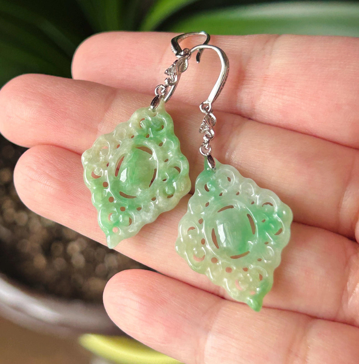 Certified Natural Jadeite Earrings, Burmese Type A Icy Apple Green Jade, Double-Sided Carved, Sterling Silver