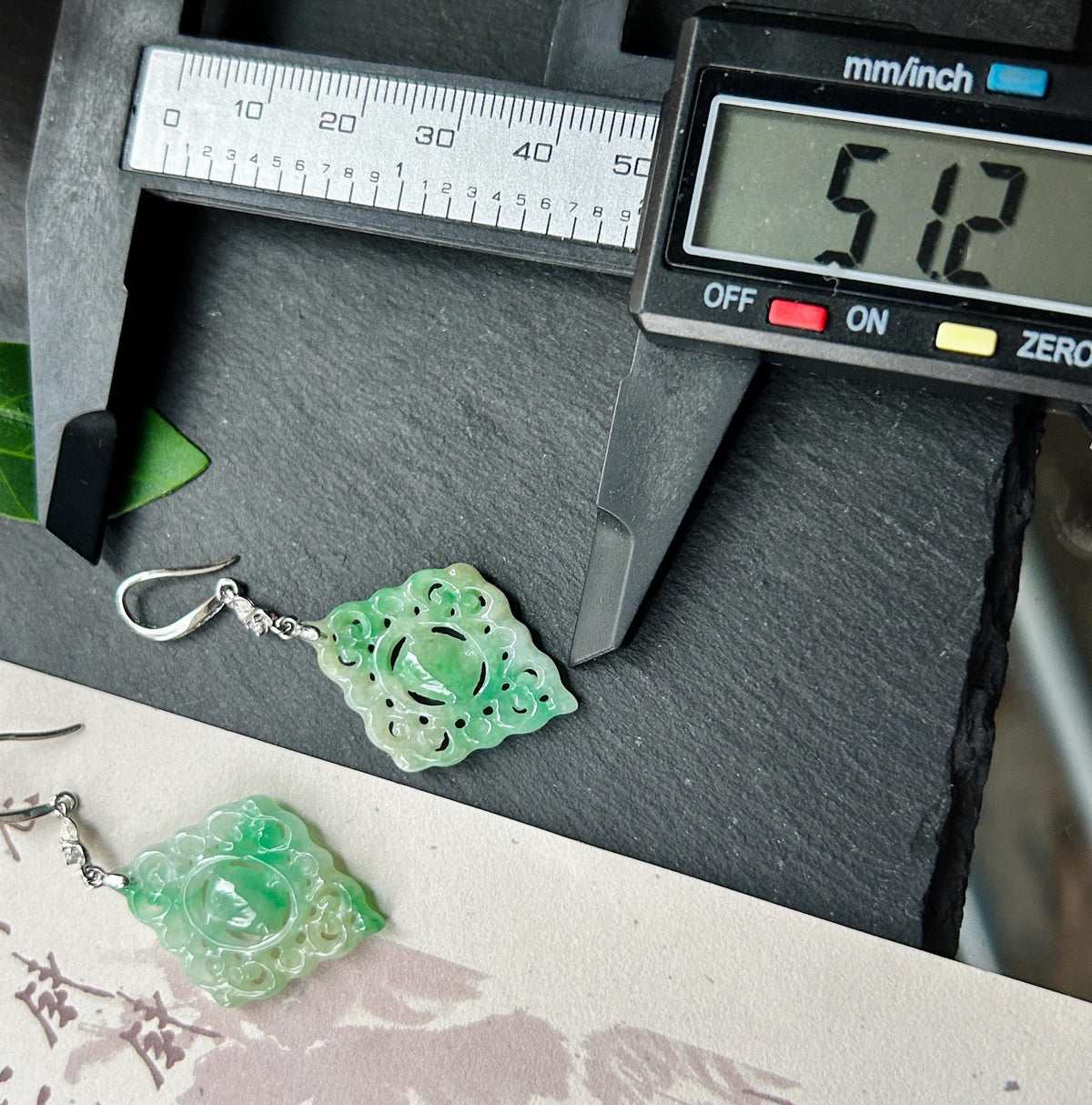 Certified Natural Jadeite Earrings, Burmese Type A Icy Apple Green Jade, Double-Sided Carved, Sterling Silver