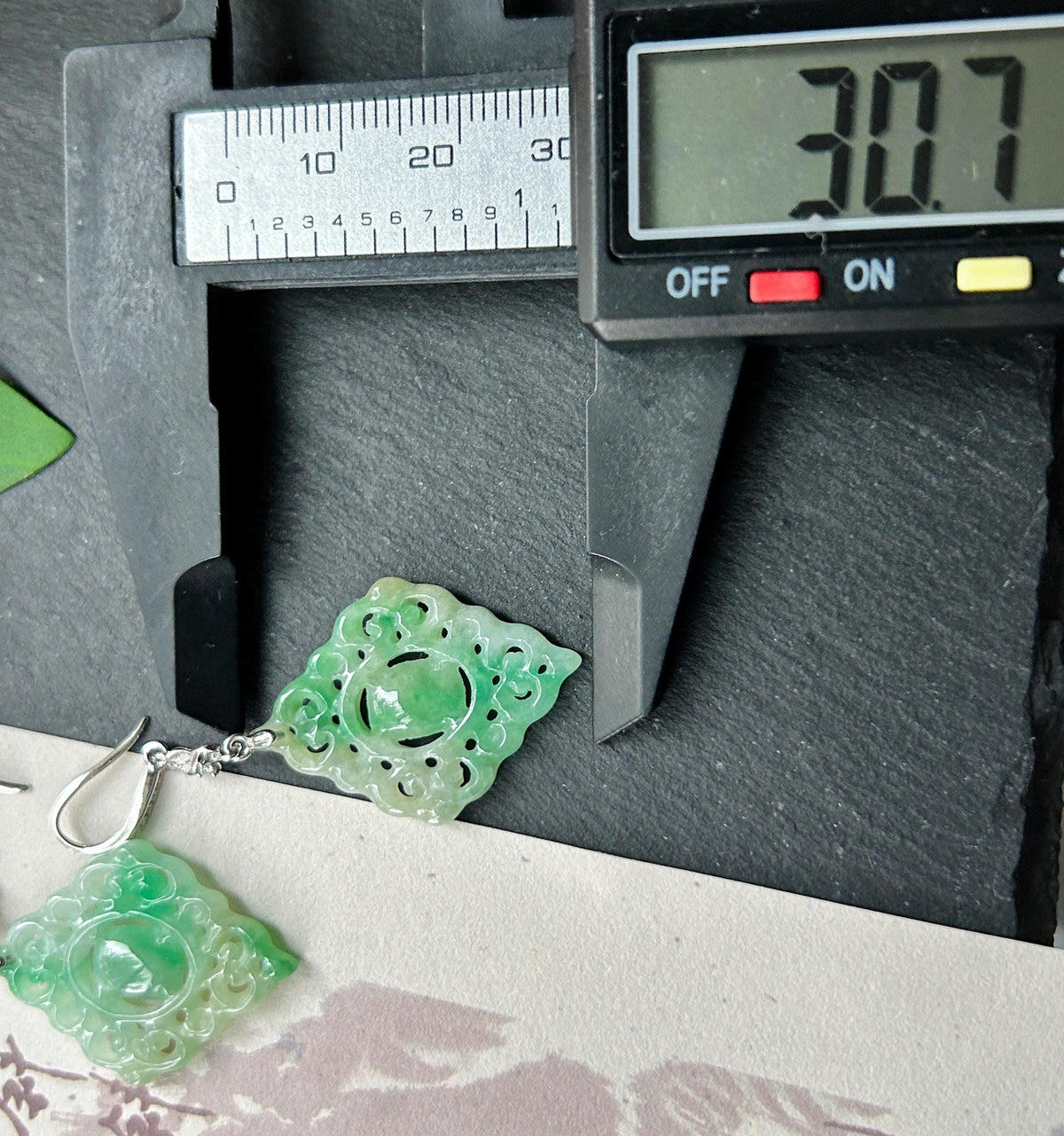 Certified Natural Jadeite Earrings, Burmese Type A Icy Apple Green Jade, Double-Sided Carved, Sterling Silver