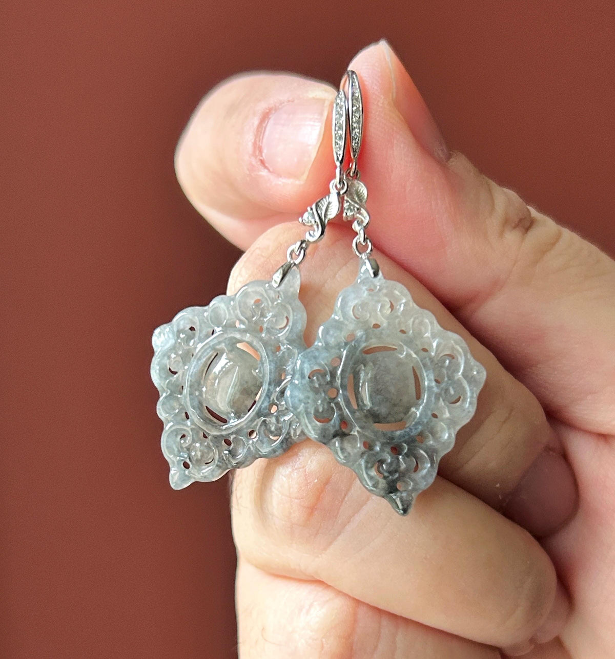 Certified Natural Jadeite Earrings, Burmese Type A Icy Apple Green Jade, Double-Sided Carved, Sterling Silver