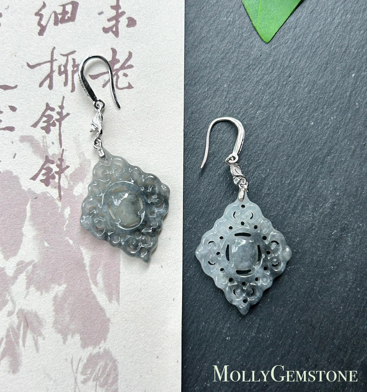 Certified Natural Jadeite Earrings, Burmese Type A Icy Apple Green Jade, Double-Sided Carved, Sterling Silver