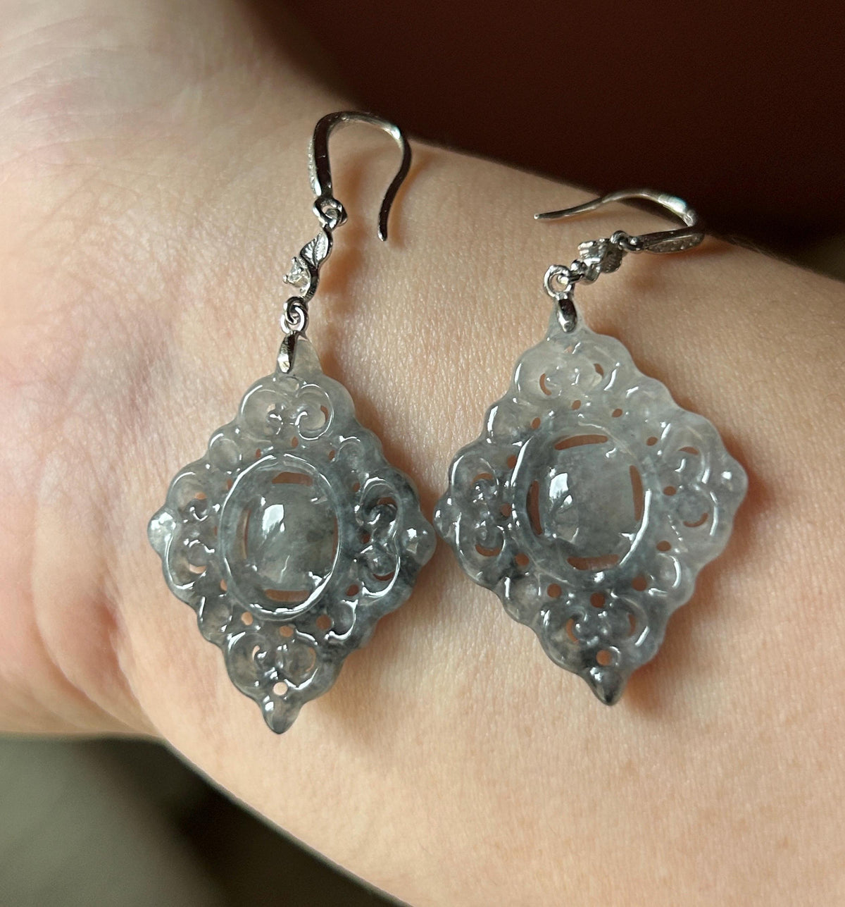 Certified Natural Jadeite Earrings, Burmese Type A Icy Apple Green Jade, Double-Sided Carved, Sterling Silver