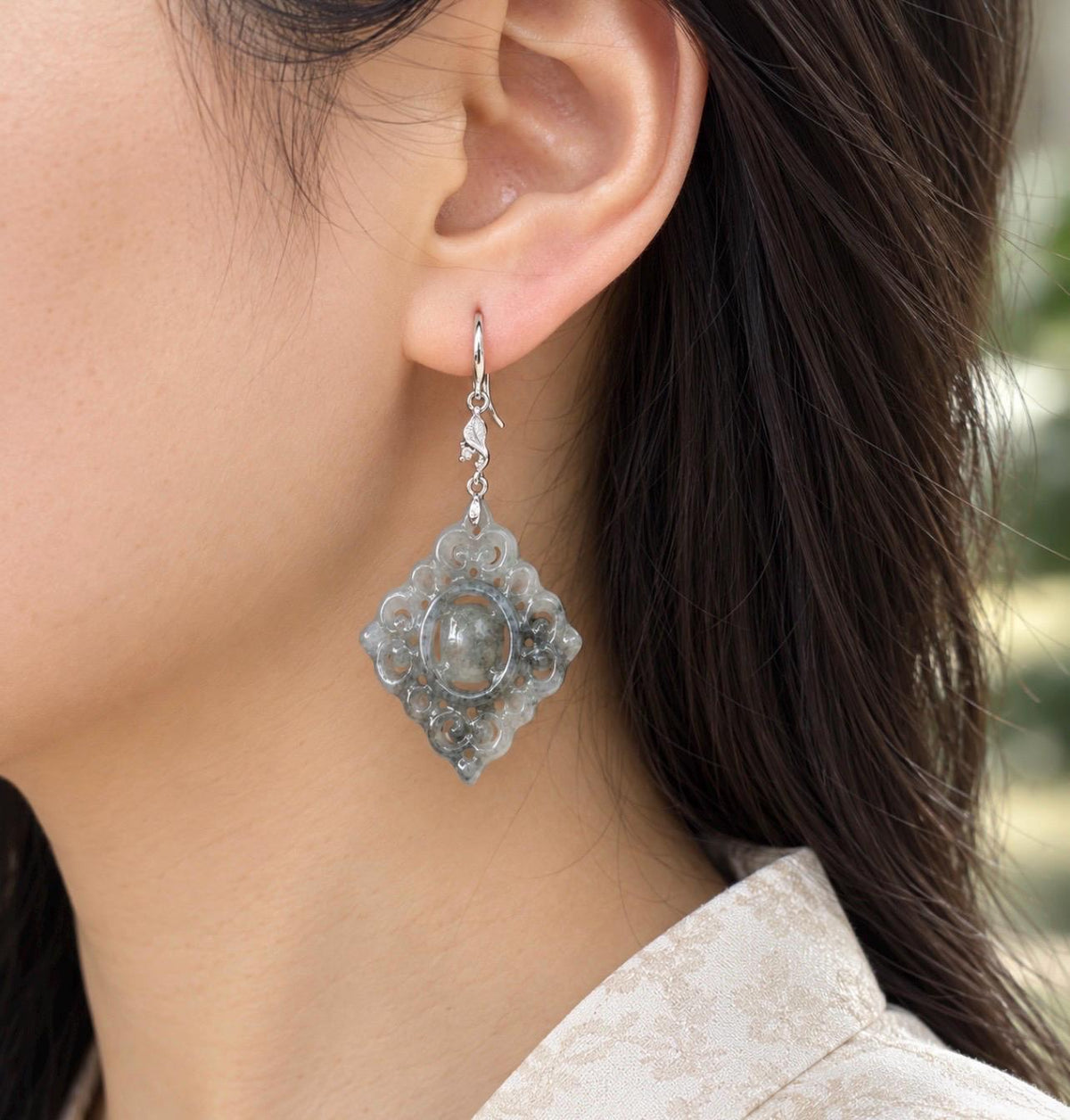 Certified Natural Jadeite Earrings, Burmese Type A Icy Apple Green Jade, Double-Sided Carved, Sterling Silver