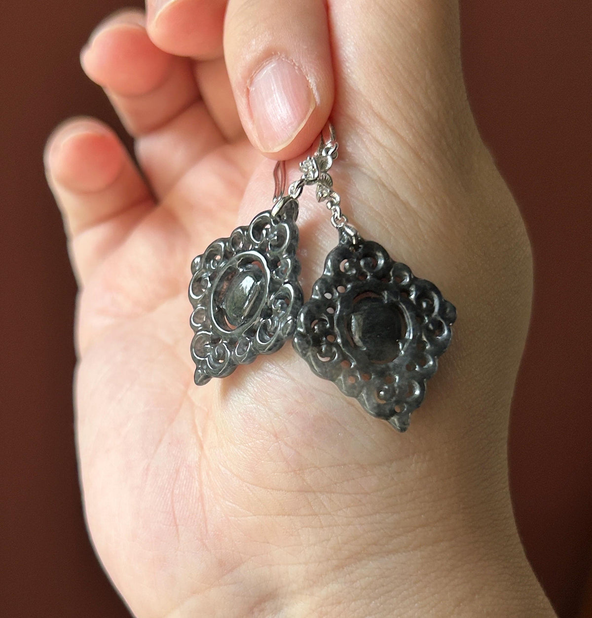 Certified Natural Jadeite Earrings, Burmese Type A Icy Wuji Black Jade, Double-Sided Carved, Sterling Silver