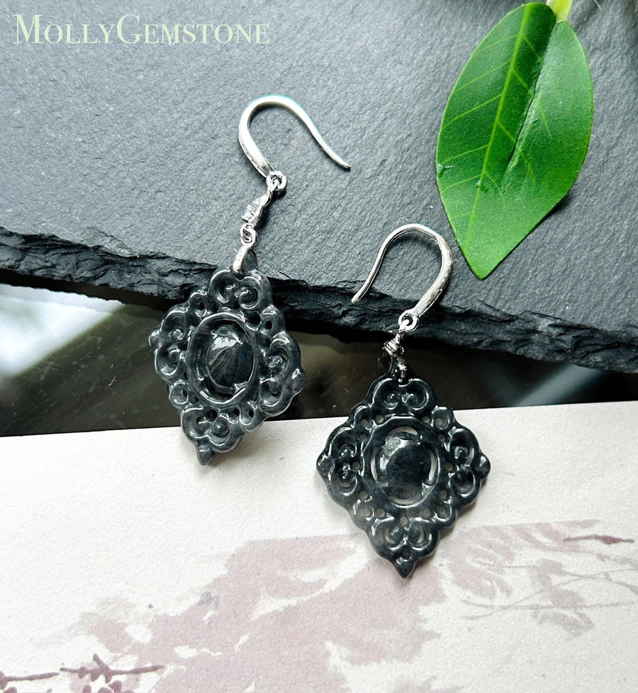 Certified Natural Jadeite Earrings, Burmese Type A Icy Wuji Black Jade, Double-Sided Carved, Sterling Silver
