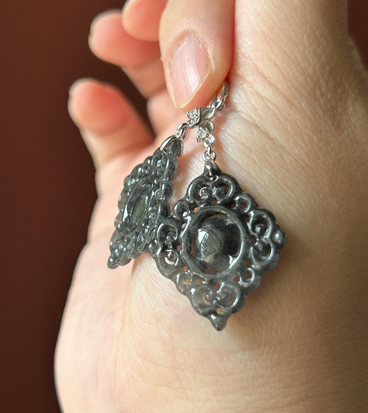 Certified Natural Jadeite Earrings, Burmese Type A Icy Wuji Black Jade, Double-Sided Carved, Sterling Silver